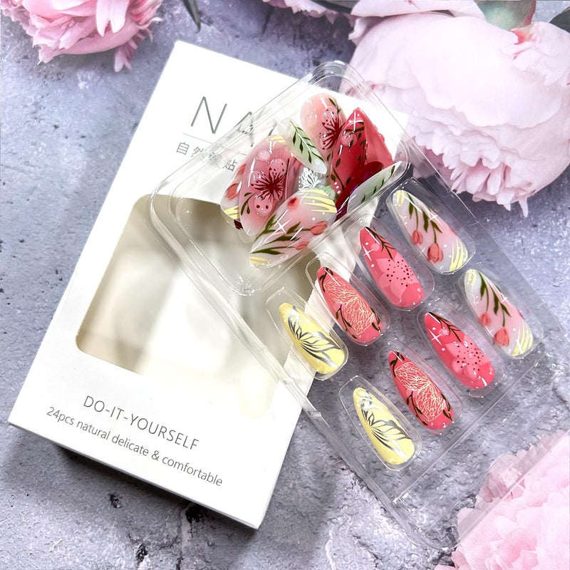 CJDLTS Colorful Flower Press on Nails Medium Almond Artificial Acrylic Nail 3D Blush Floral with Bubble Design Stick on Nails Full Cover Reusable Coffin Glue on Nail Artificial Fingernails for Women - Image 4